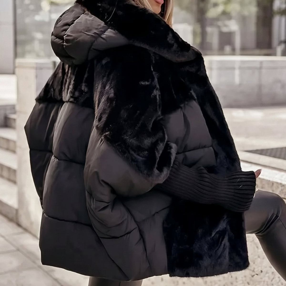 Women’s quilted winter jacket with faux-fur panels, hood, deep front pockets, by Homixa, designed for warmth and style.