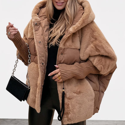 Homixa women's quilted winter jacket with faux-fur panels, hood, and deep front pockets, perfect for cold weather.