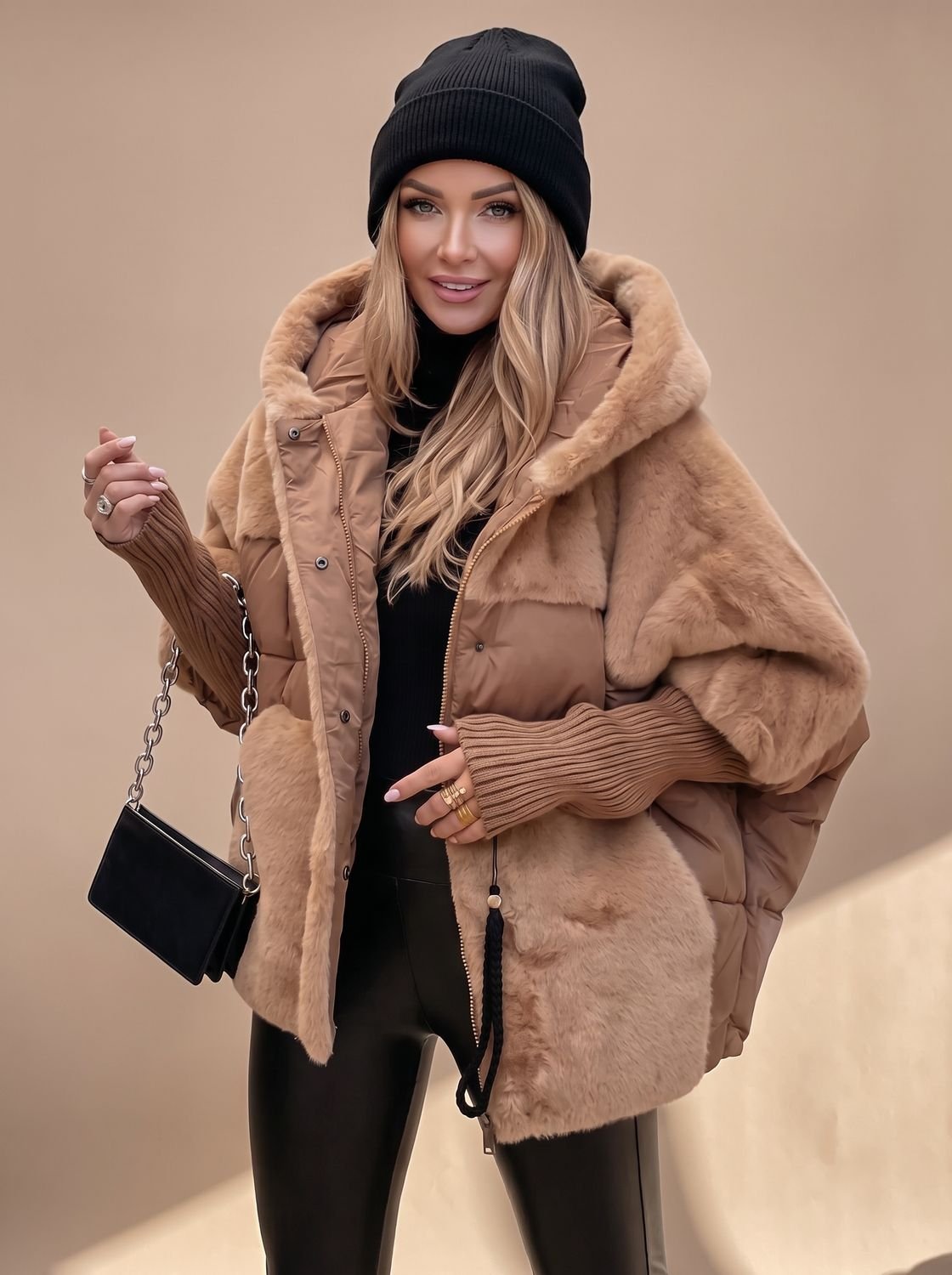 Women's Homixa hooded winter puffer coat with faux-fur panels and quilted body, insulated for warmth and stylish winter wear.