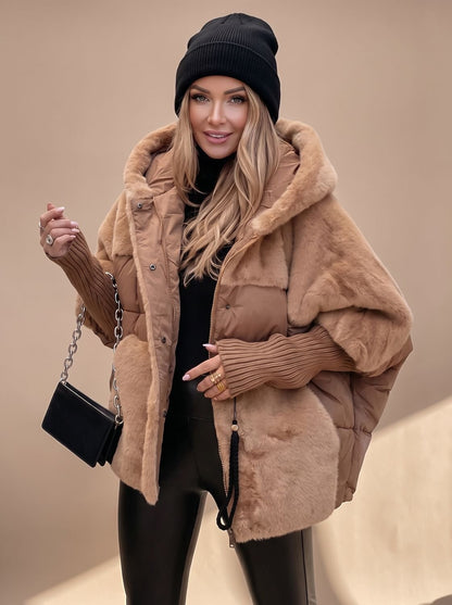 Women's Homixa hooded winter puffer coat with faux-fur panels and quilted body, insulated for warmth and stylish winter wear.