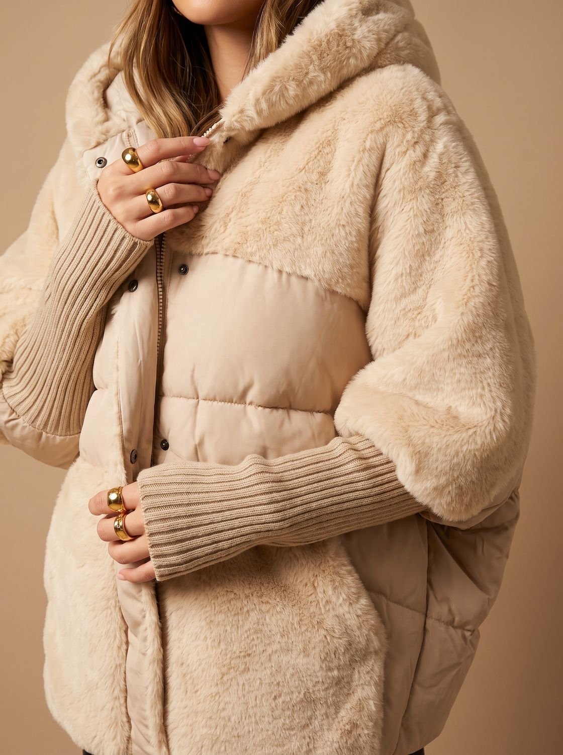 Women's Homixa puffer coat with hood, faux-fur panels, and quilted body, designed for winter warmth and style.
