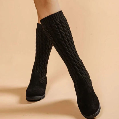 Women's knee-high boots with suede foot, cable-knit shaft, and wedge heel by Homixa, showcasing stylish winter footwear.