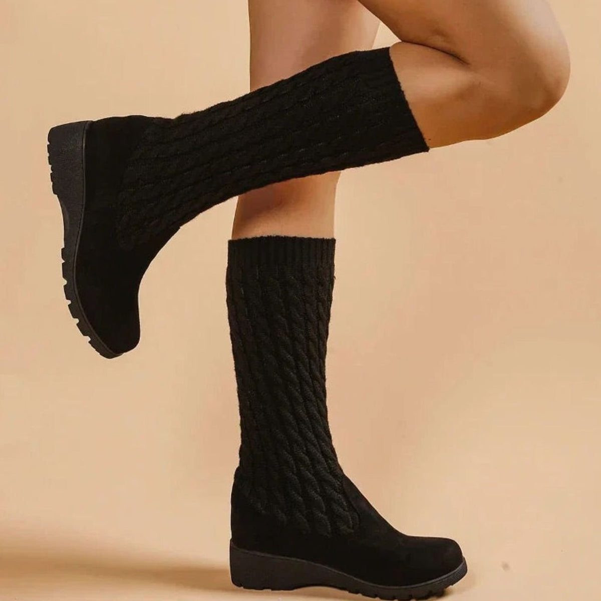 Homixa women's knee-high boots featuring suede foot, cable-knit shaft, and wedge heel, stylish and cozy footwear.