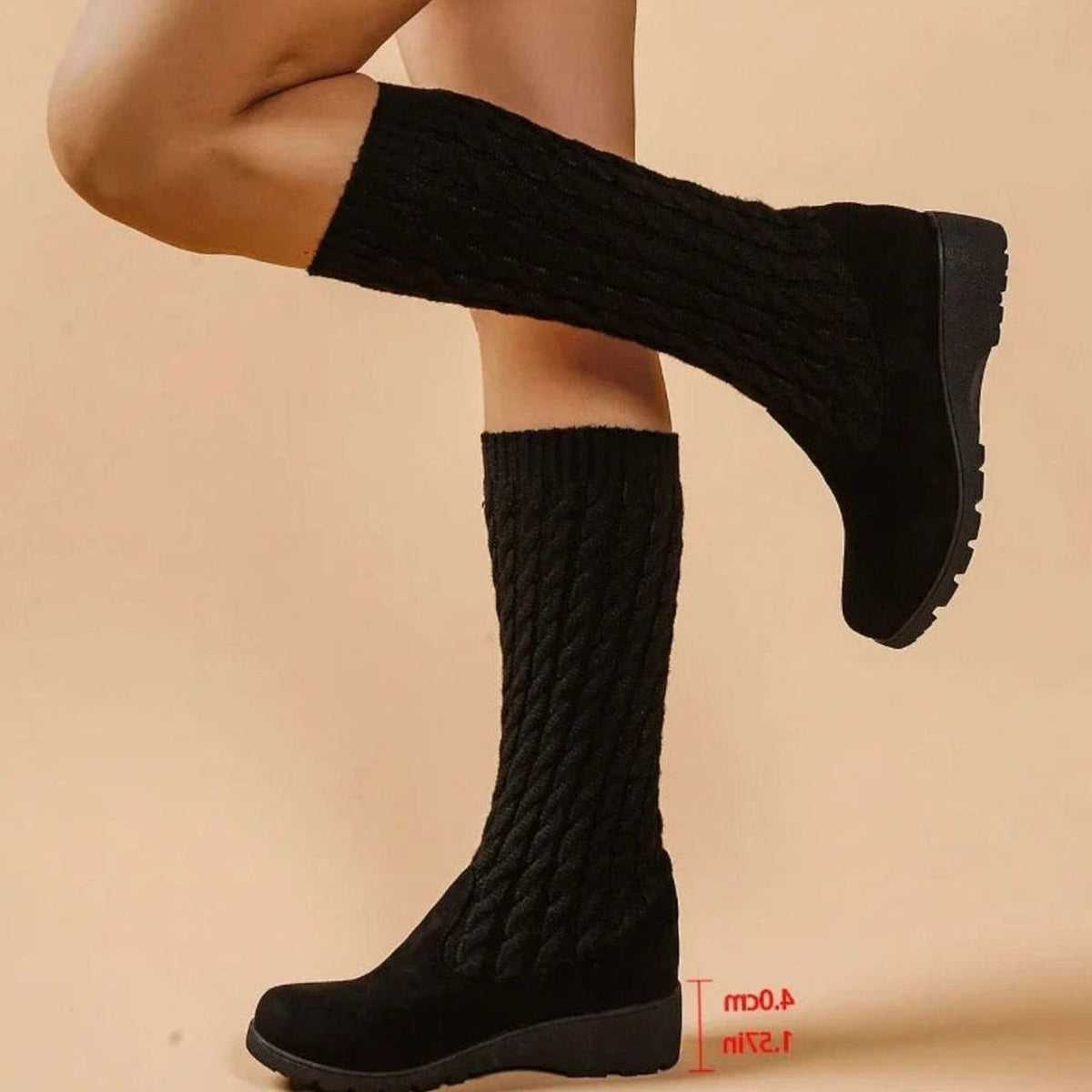 Women's knee-high boots by Homixa featuring suede foot, cable-knit shaft, and wedge heel for stylish winter wear.
