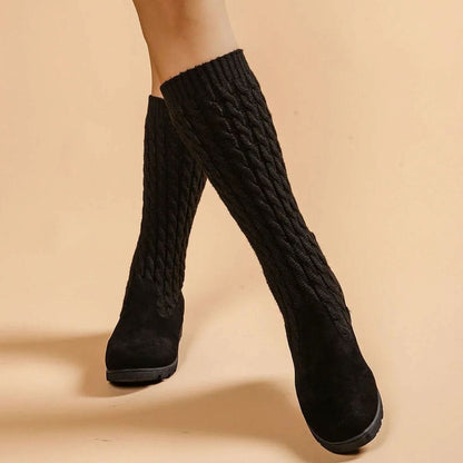 Homixa women's knee-high boots with suede foot, cable-knit shaft, and wedge heel, stylish winter footwear.