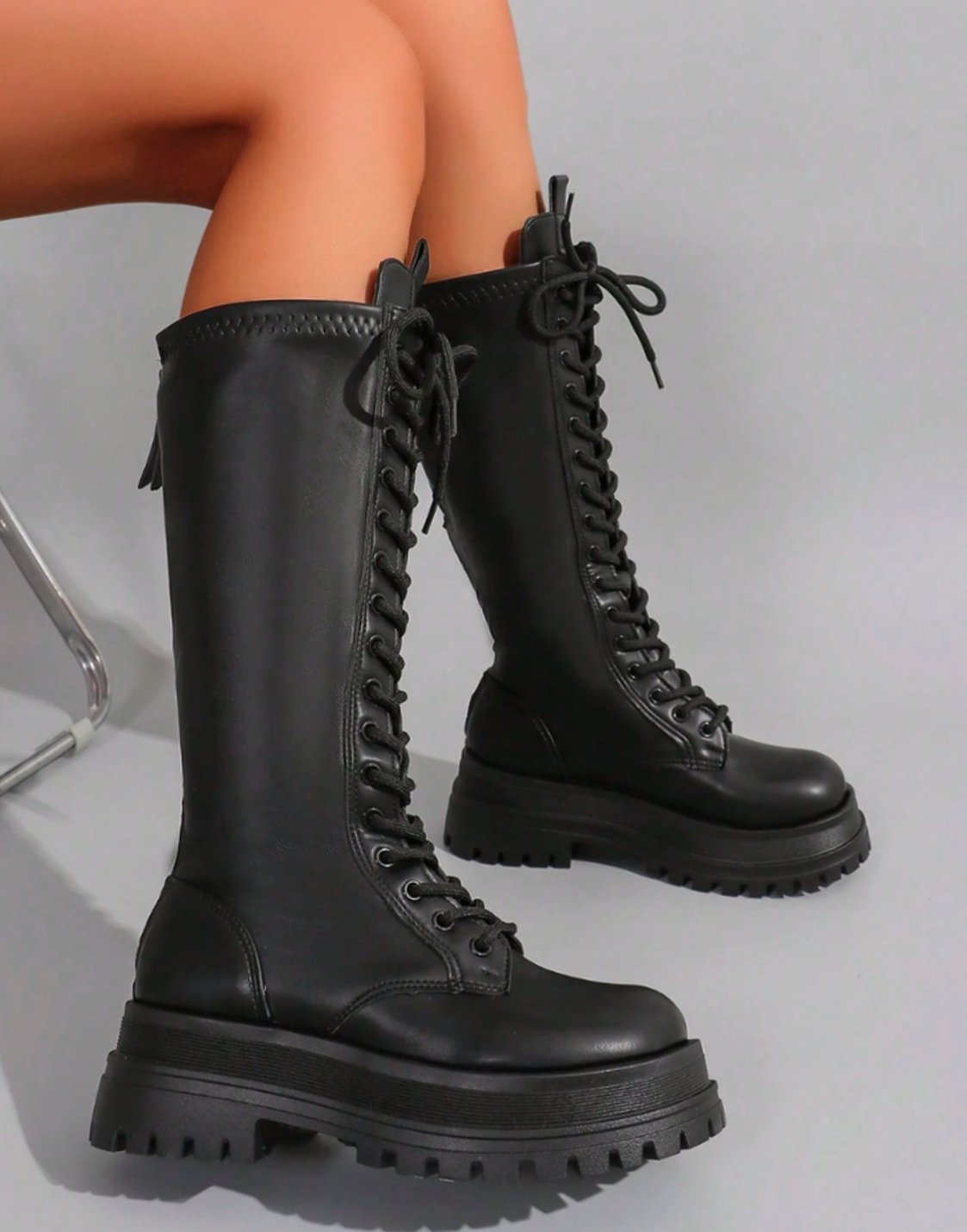 Women's knee-high faux leather boots by Homixa with chunky sole and side zipper, stylish and durable footwear for casual wear.