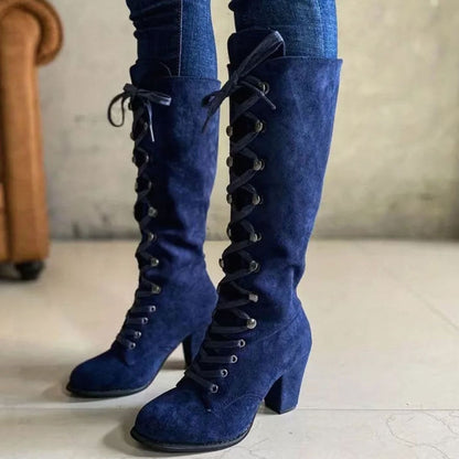 Women's knee-high lace-up boots by Homixa with round toe and mid-height block heel, stylish and comfortable footwear for women.