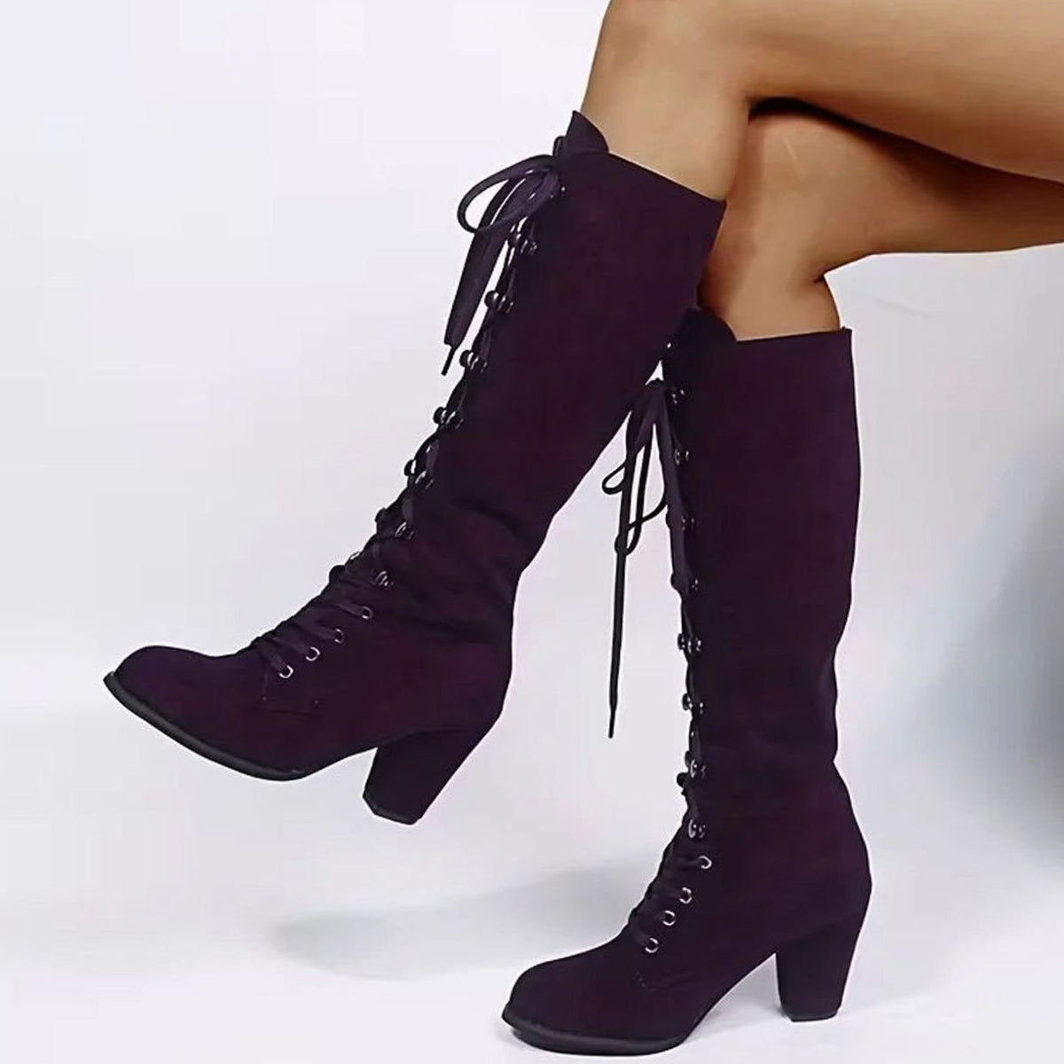 Homixa women's knee-high lace-up boots with round toe and mid-height block heel, stylish and comfortable footwear for women.