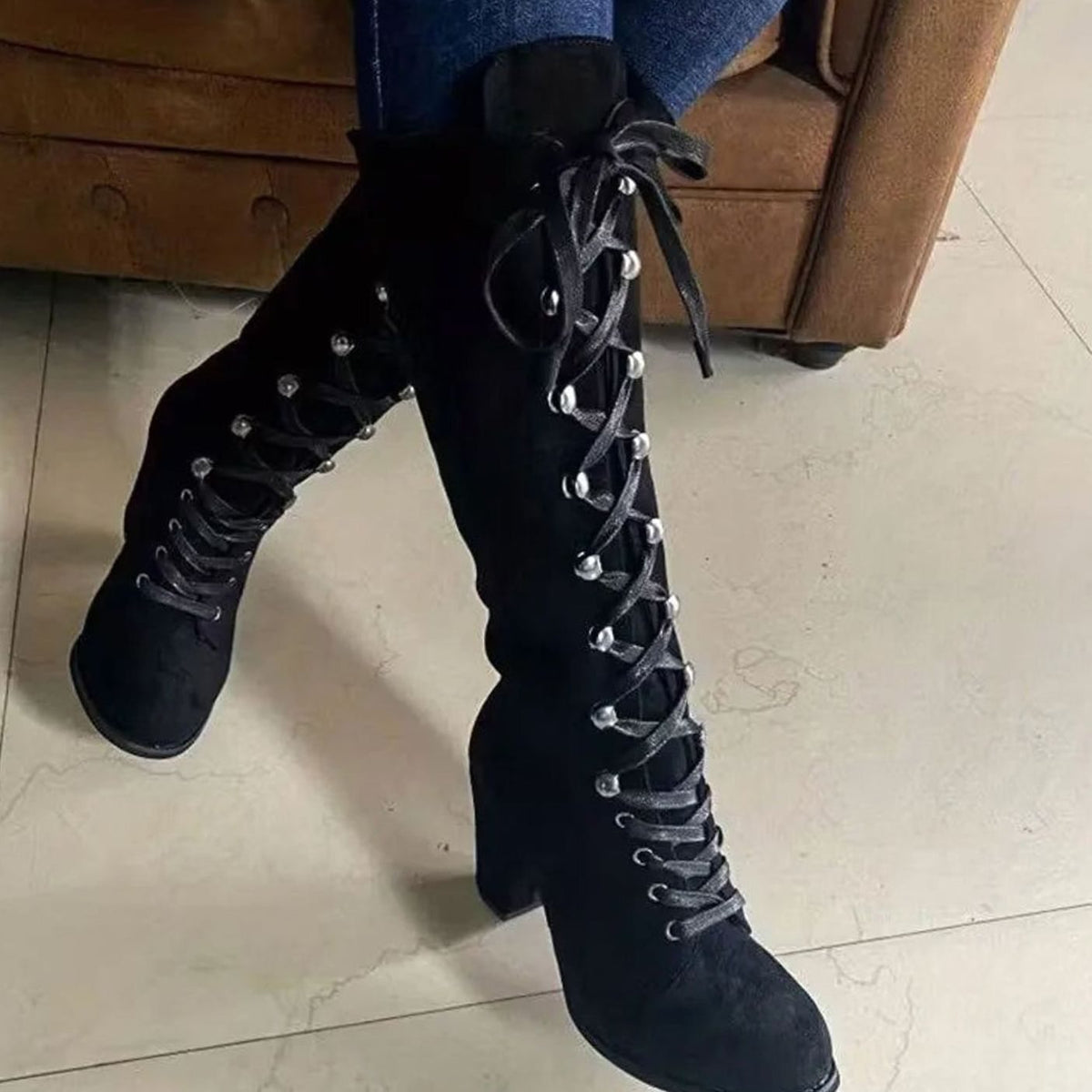 Homixa women's knee-high lace-up boots with round toe and mid-height block heel, stylish and versatile footwear.