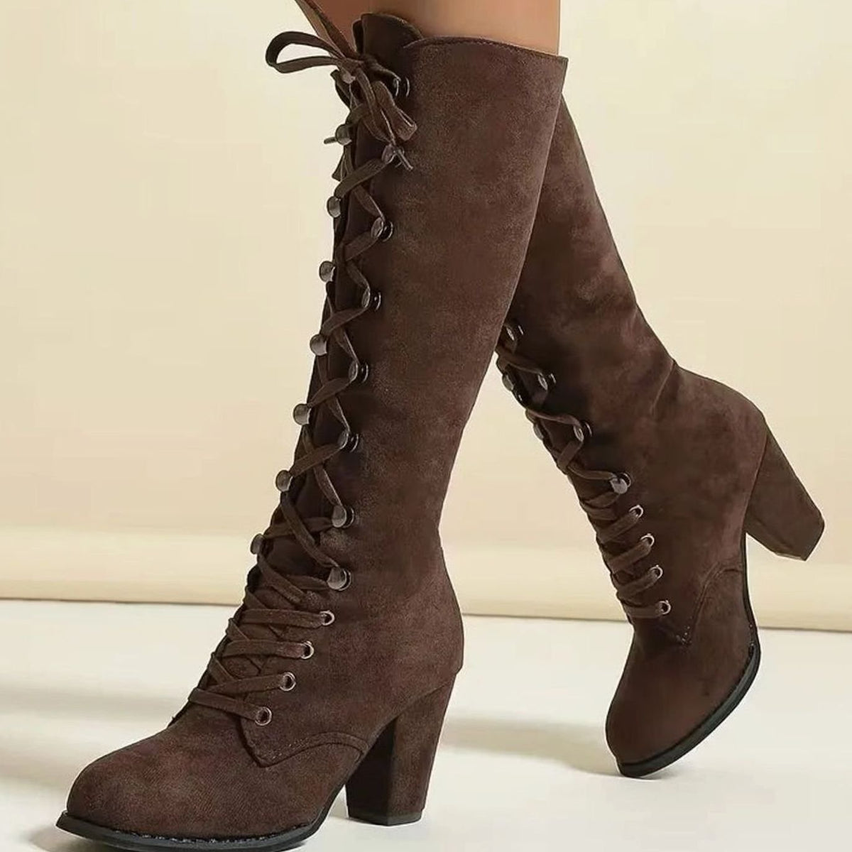 Homixa women's knee-high lace-up boots with round toe and mid-height block heel, stylish and comfortable footwear.