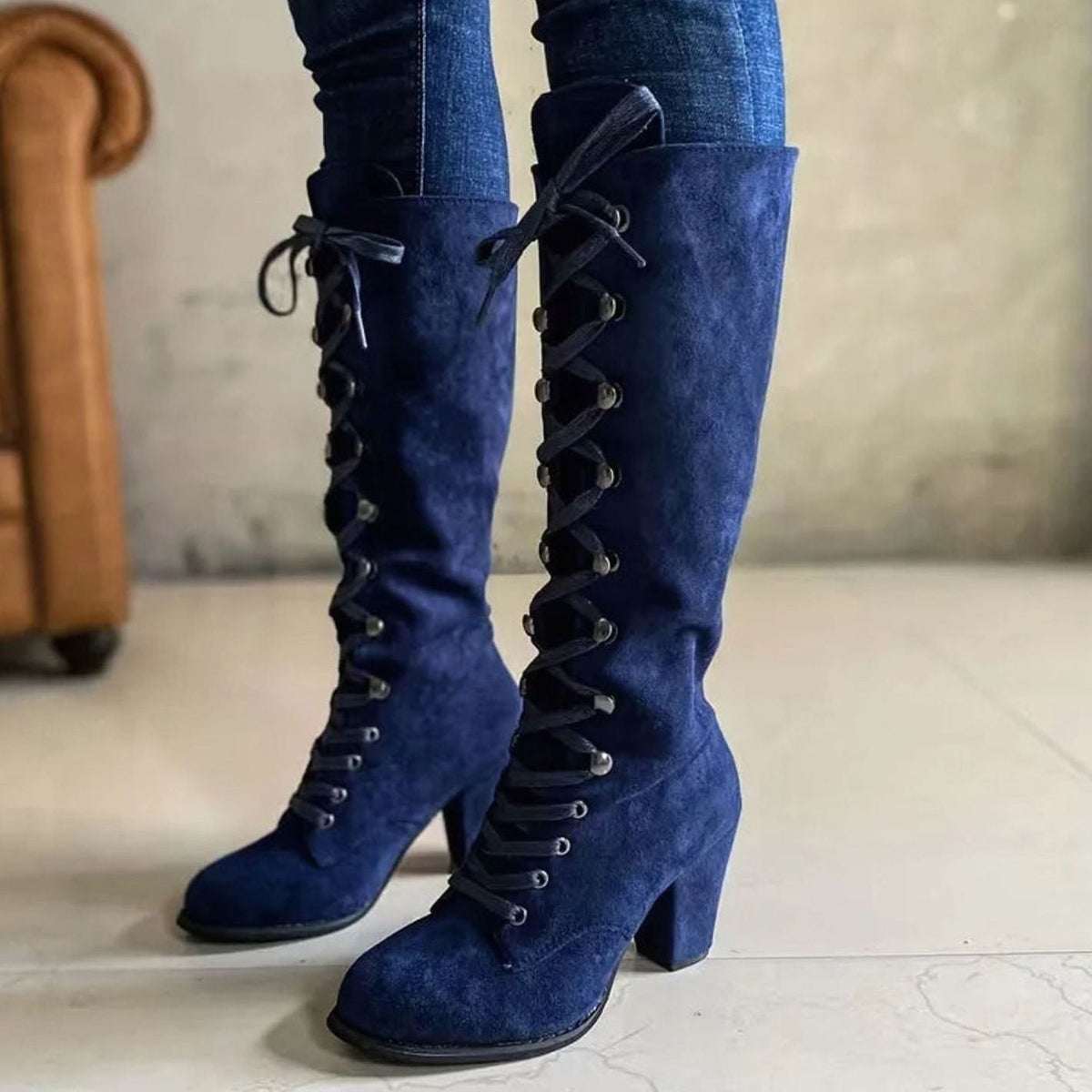 Homixa women's knee-high lace-up boots with round toe and mid-height block heel, showcasing stylish and comfortable footwear.