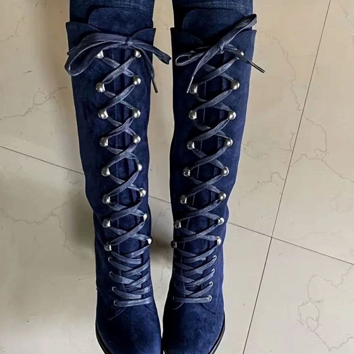 Women's knee-high lace-up boots by Homixa with round toe and mid-height block heel, stylish and comfortable footwear.