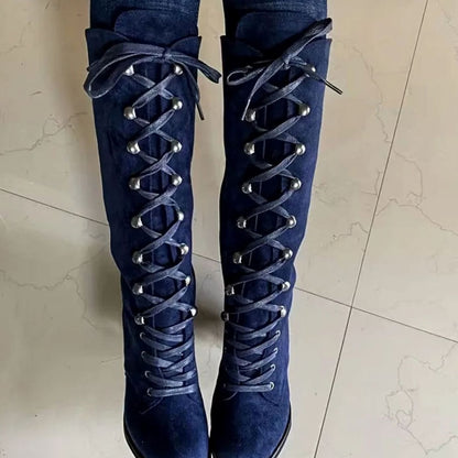 Women's knee-high lace-up boots by Homixa with round toe and mid-height block heel, stylish and comfortable footwear.