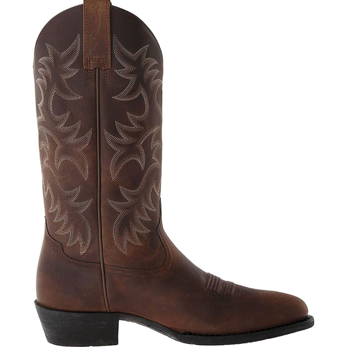 Homixa women's knee-high western boots with pointed toe, low block heel, and embroidered shaft showcasing detailed Western design.