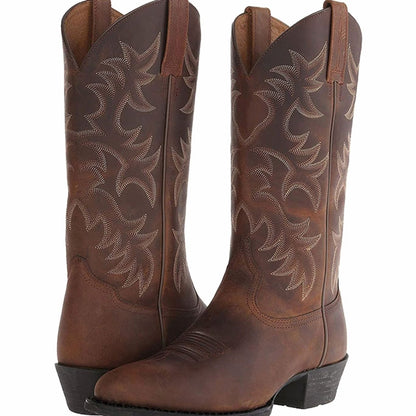 Homixa women's knee-high western boots with pointed toe, low block heel, and embroidered shaft, showcasing intricate embroidery details.