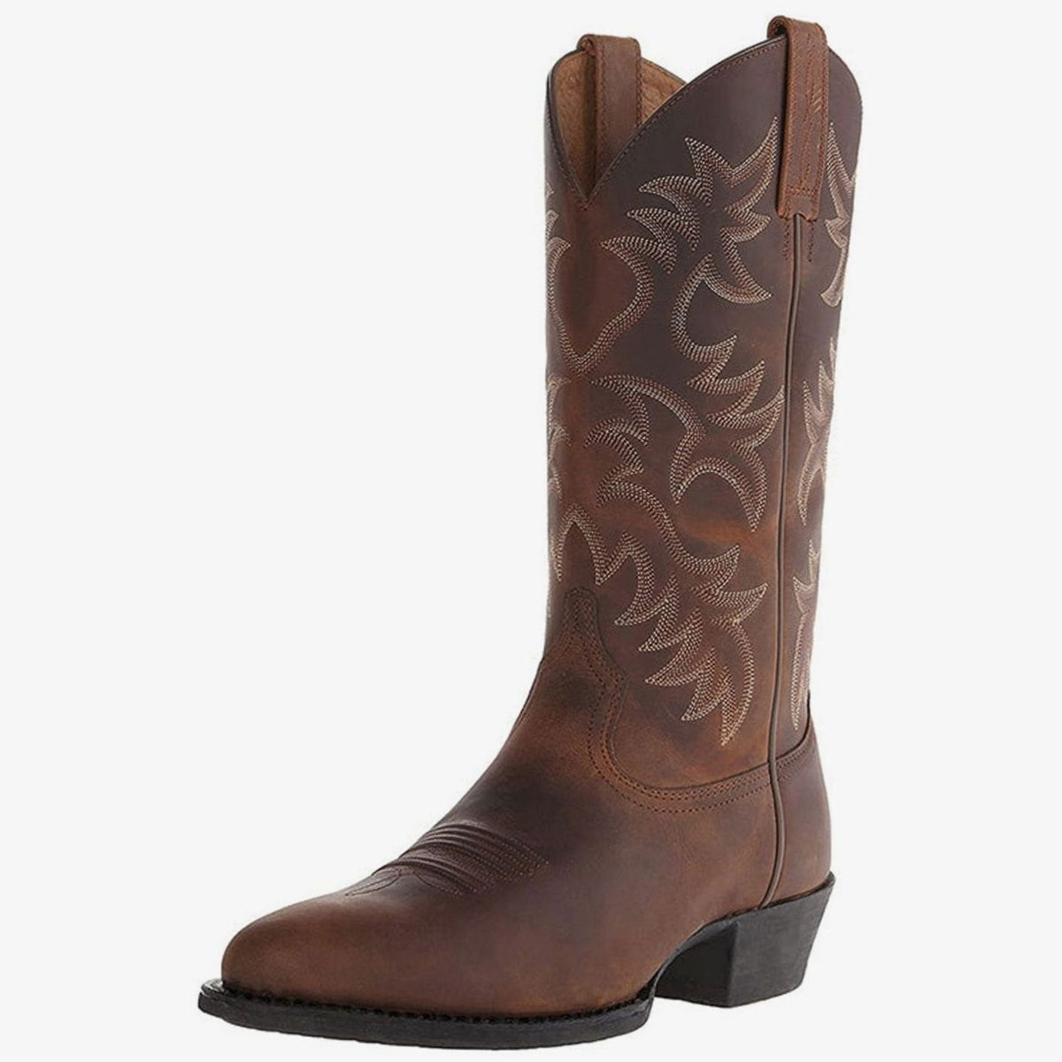 Women's Homixa knee-high Western boots with pointed toe, low block heel, and embroidered shaft showcasing detailed Western design.