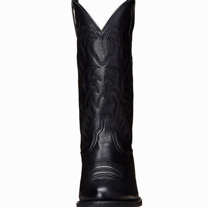 Homixa women's knee-high western boots with pointed toe, low block heel, and embroidered shaft.