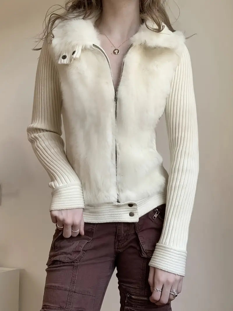 Homixa women's knit cardigan sweater with zip front, ribbed sleeves, and plush collar, cozy and stylish for cold weather.