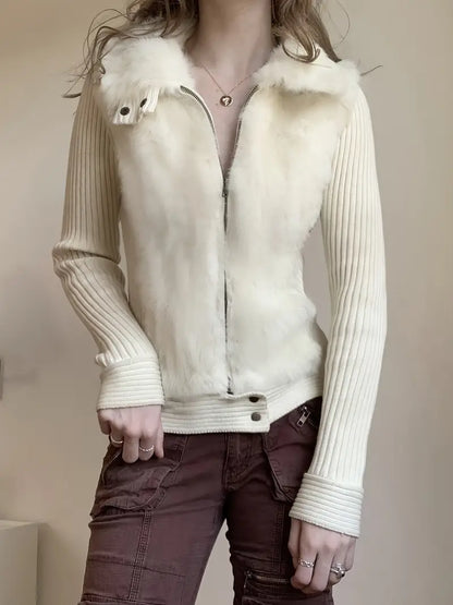 Homixa women's knit cardigan sweater with zip front, ribbed sleeves, and plush collar, cozy and stylish for cold weather.