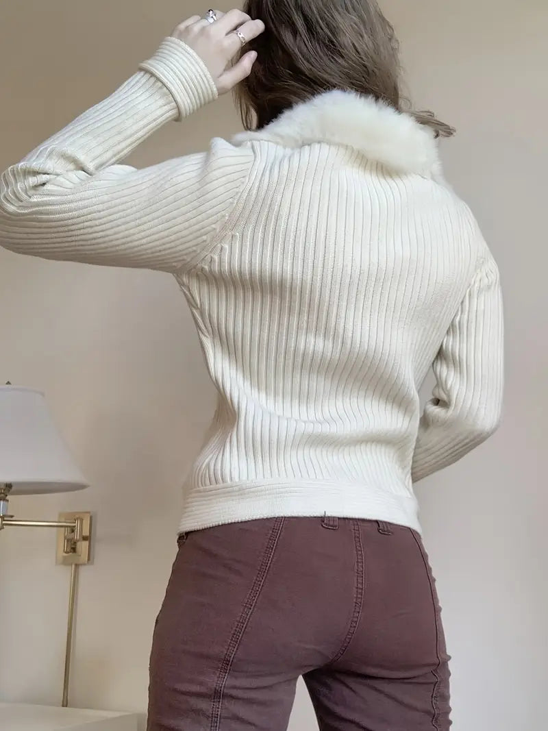 Homixa women's knit cardigan sweater with zip front, ribbed sleeves, and plush collar, showcasing cozy, stylish winter wear.