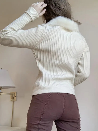 Homixa women's knit cardigan sweater with zip front, ribbed sleeves, and plush collar, showcasing cozy, stylish winter wear.