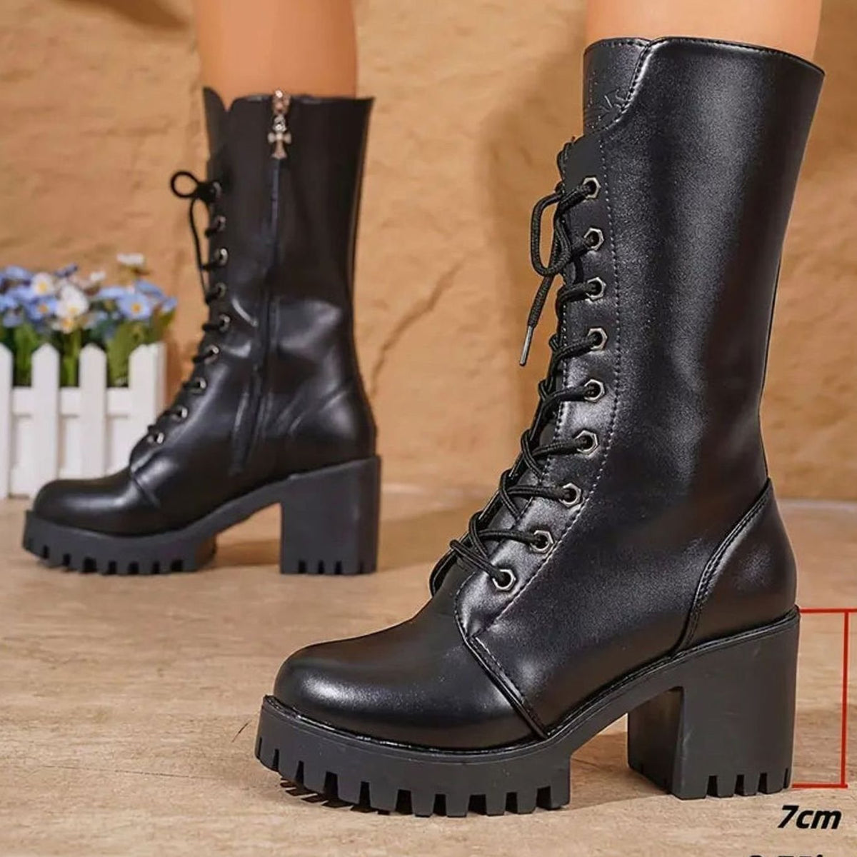 Homixa women's lace-up combat boots with mid-calf shaft, chunky block heel, and rugged design for stylish footwear.