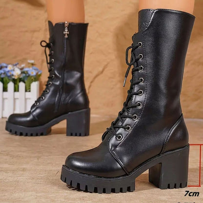 Homixa women's lace-up combat boots with mid-calf shaft, chunky block heel, and rugged design for stylish footwear.