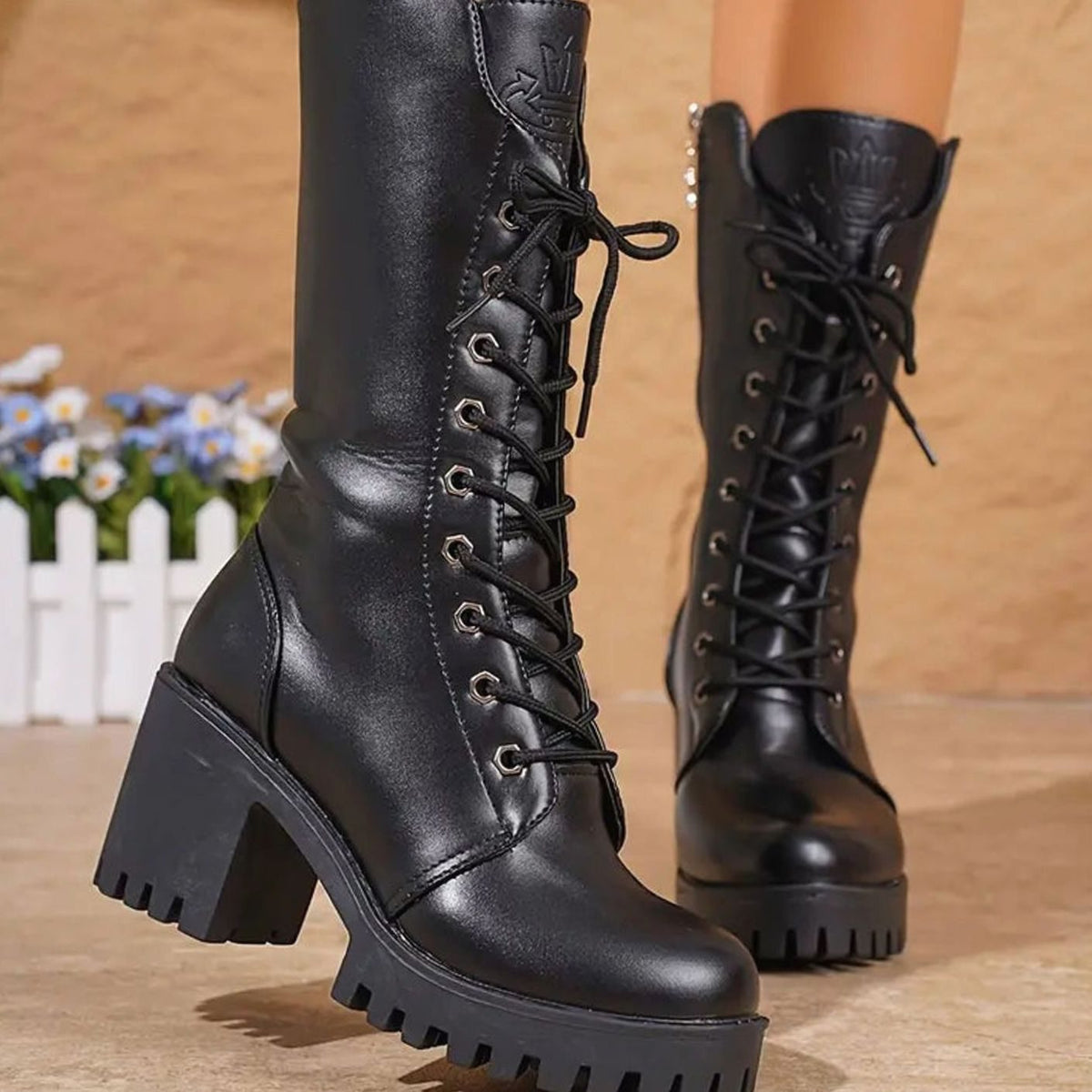 Homixa women's lace-up combat boots with mid-calf shaft and chunky block heel, stylish and durable footwear for versatile fashion.