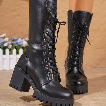 Homixa women's lace-up combat boots with mid-calf shaft and chunky block heel, stylish and durable footwear for versatile fashion.