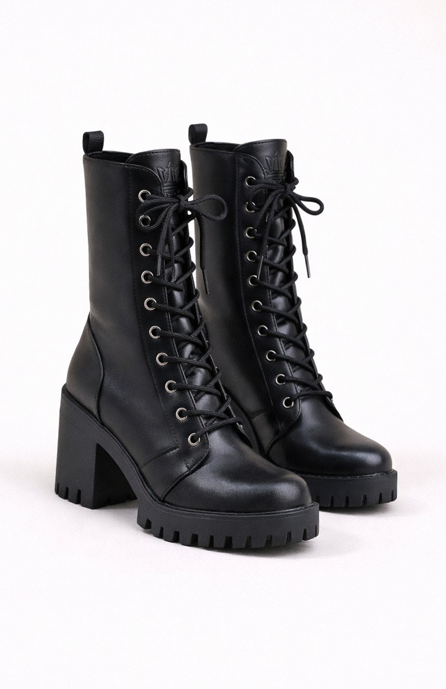 Homixa women's lace-up combat boots with mid-calf shaft and chunky block heel, showcasing rugged style and sturdy design.