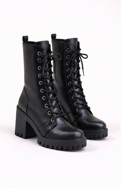 Homixa women's lace-up combat boots with mid-calf shaft and chunky block heel, showcasing rugged style and sturdy design.