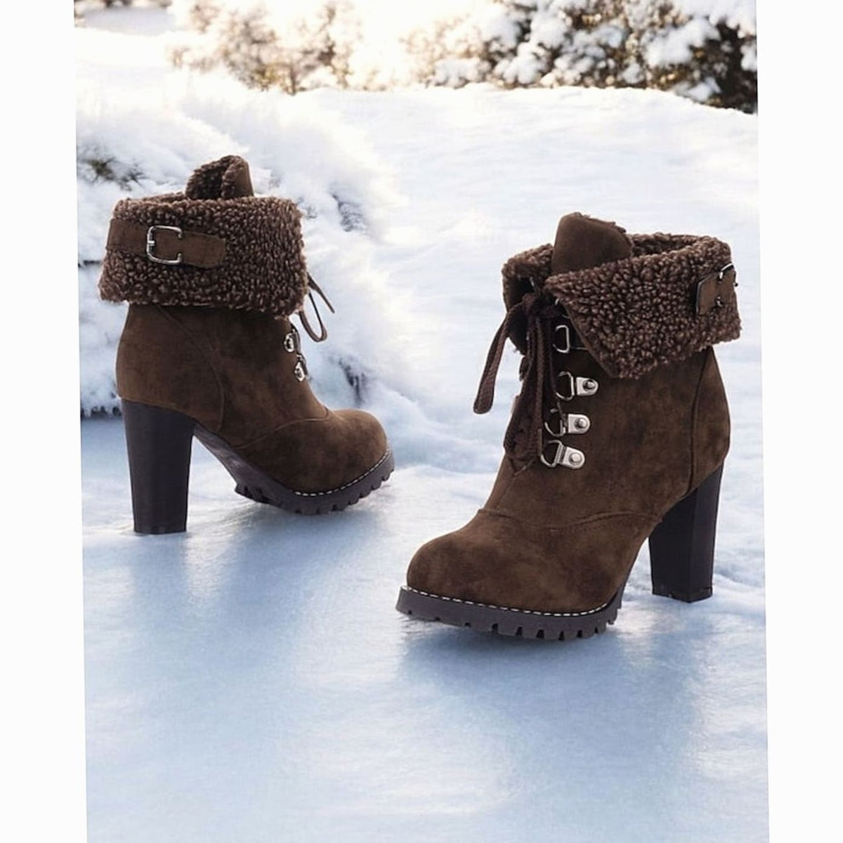 Homixa women's lace-up winter boots with chunky block heel, sherpa-trimmed cuffs, stylish and warm for cold weather.
