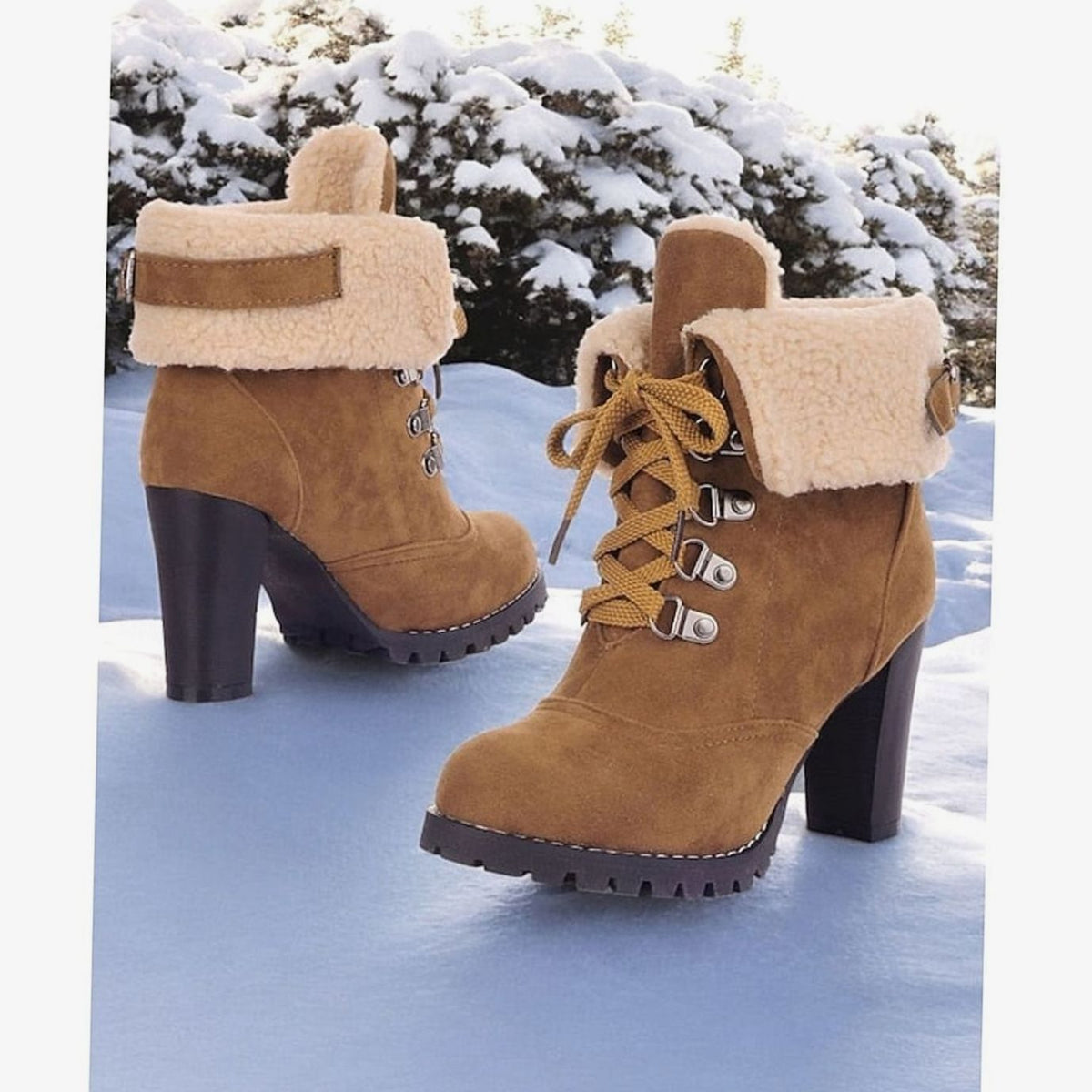 Homixa women's lace-up winter boots with chunky block heel and Sherpa-trimmed cuffs, showcasing a stylish and cozy winter footwear design.