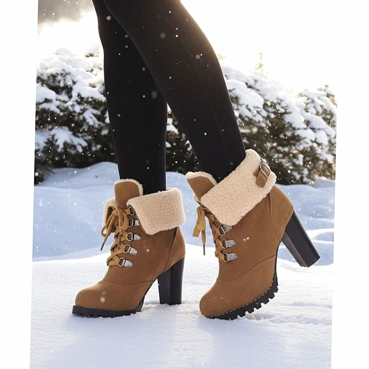Homixa women's lace-up winter boots with chunky block heel, sherpa-trimmed cuffs, and durable leather exterior.