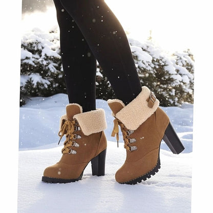 Homixa women's lace-up winter boots with chunky block heel, sherpa-trimmed cuffs, and durable leather exterior.