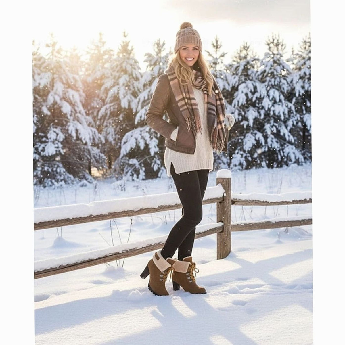 Homixa women's lace-up winter boots with chunky block heel, Sherpa-trimmed cuffs, and durable sole for cold weather style.