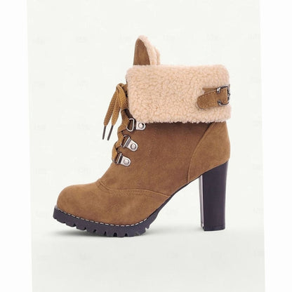 Homixa women's lace-up winter boots with chunky block heel, Sherpa-trimmed cuffs, and durable sole for cold weather style.
