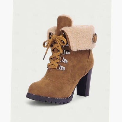Homixa women's lace-up winter boots with chunky block heel, sherpa-trimmed cuffs, and durable leather design.