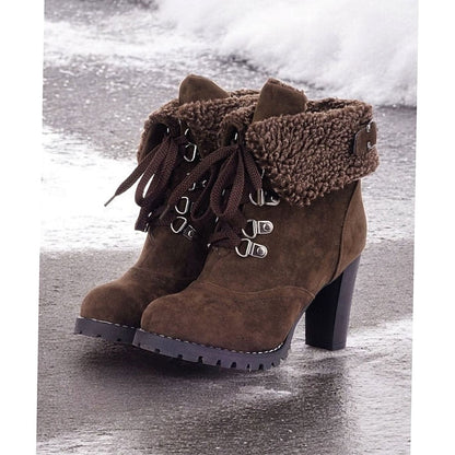Homixa women's lace-up winter boots with chunky block heel, sherpa-trimmed cuffs, and durable rubber sole.