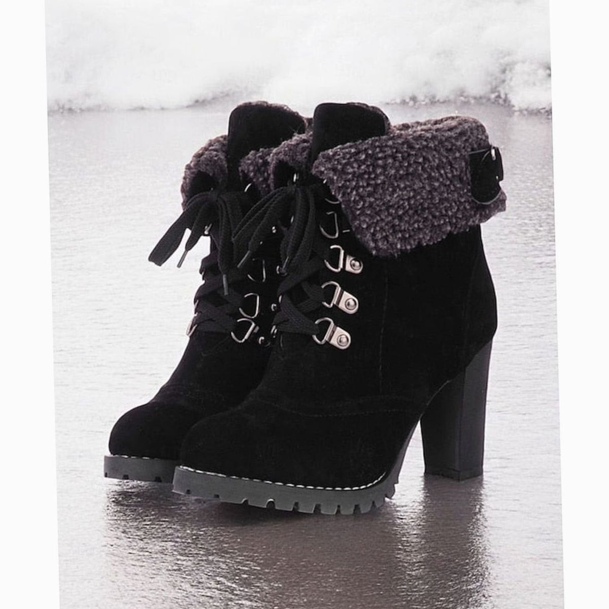 Women's lace-up winter boots with chunky block heel, Sherpa-trimmed cuffs, and stylish design by Homixa.