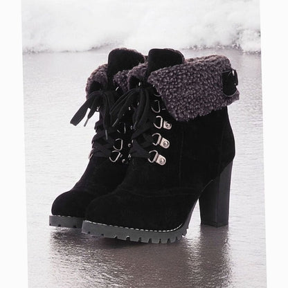 Women's lace-up winter boots with chunky block heel, Sherpa-trimmed cuffs, and stylish design by Homixa.