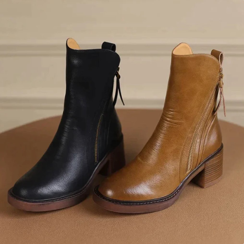Homixa women's leather ankle booties with 5 cm block heel and side zipper, featuring smooth leather and stylish design.