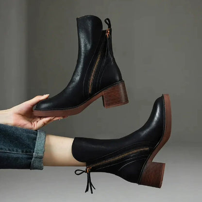 Women's leather ankle booties by Homixa featuring a 5 cm block heel and easy side-zip closure.