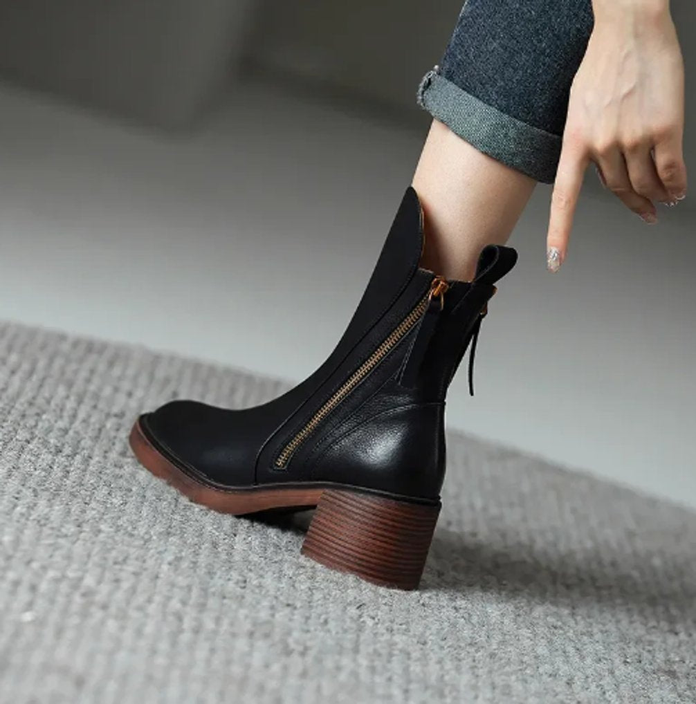 Homixa women's leather ankle booties with 5 cm block heel, side-zip closure, stylish and comfortable footwear.