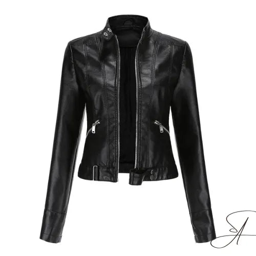 Women's leather jacket by Homixa featuring a stand collar, zip front, and fitted silhouette, displayed on a model.