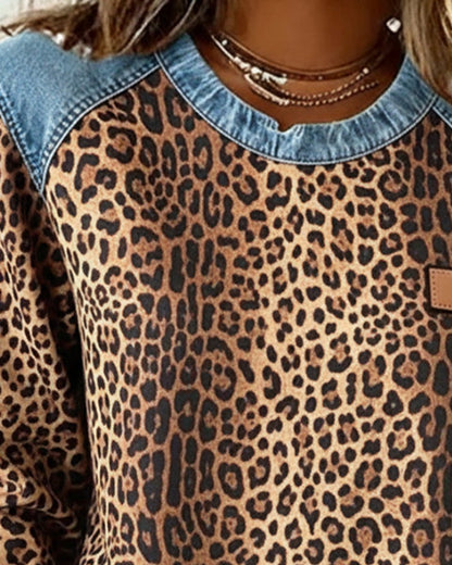 Women's leopard-print patchwork sweatshirt by Homixa featuring denim-look raglan panels and cuffs, cozy and stylish pullover sweater.
