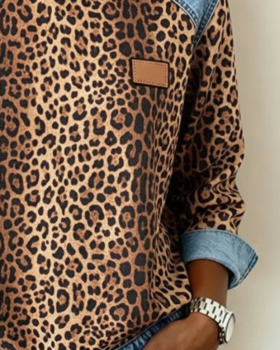 Women's leopard-print patchwork sweatshirt by Homixa featuring denim-look raglan panels and cuffs, casual and stylish pullover sweater.