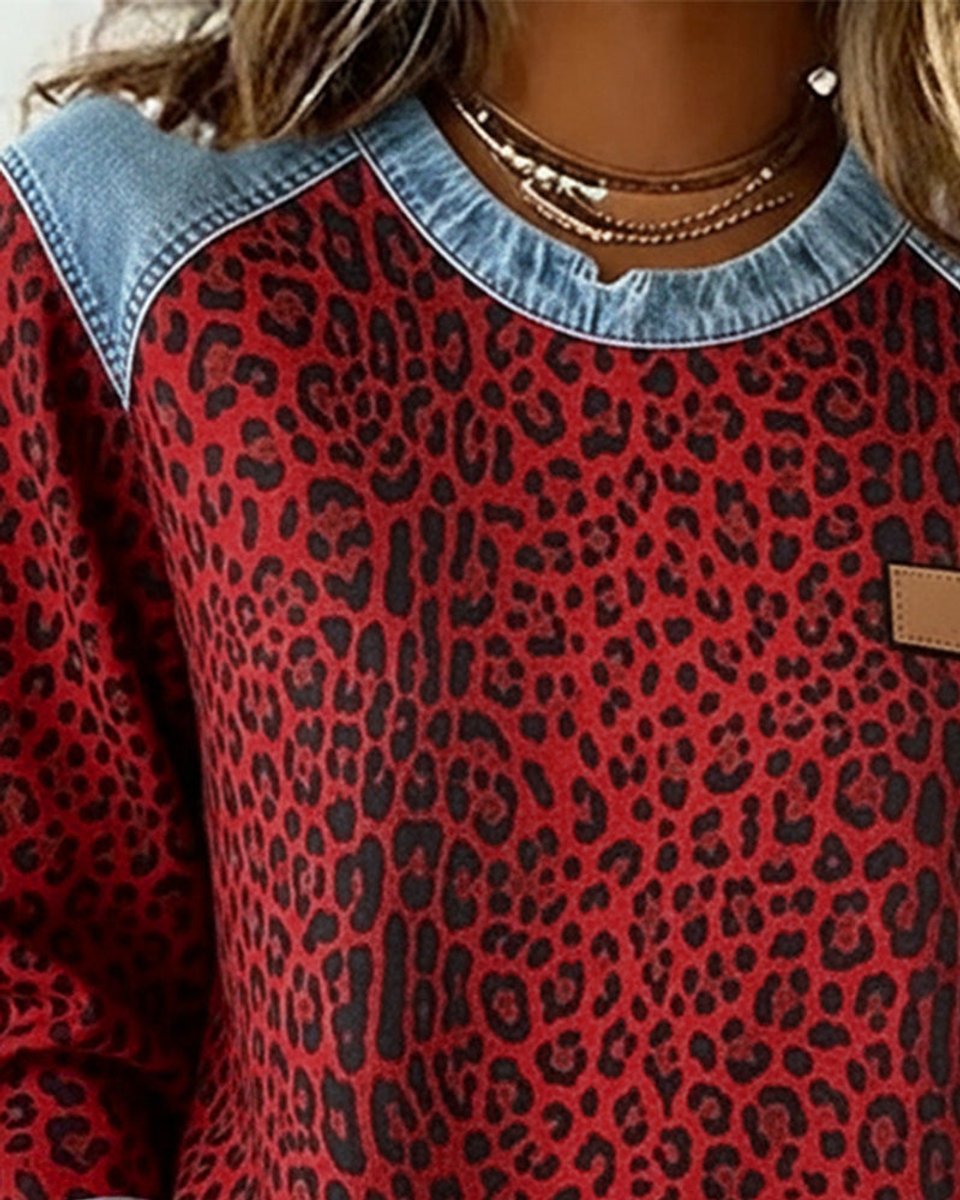 Women's leopard-print patchwork sweatshirt by Homixa featuring denim-look raglan panels and cuffs, cozy and stylish pullover sweater.