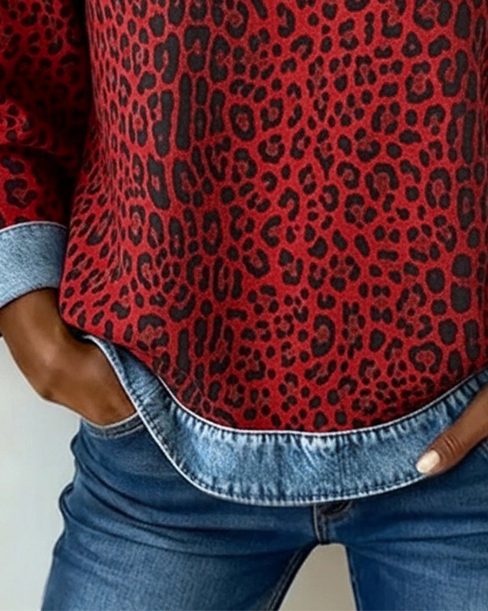 Women's leopard-print patchwork sweatshirt by Homixa with denim-look raglan panels and cuffs, cozy pullover sweater style.