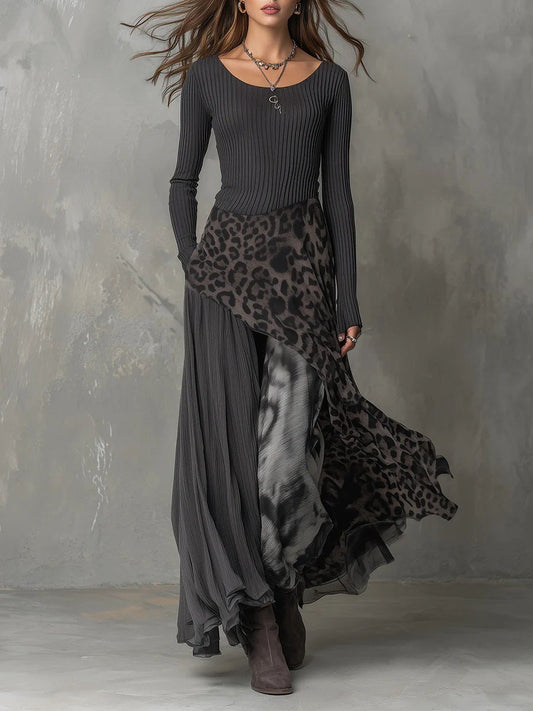 Women's leopard-print ribbed-knit maxi dress with long sleeves and asymmetric hem, designed by Homixa.